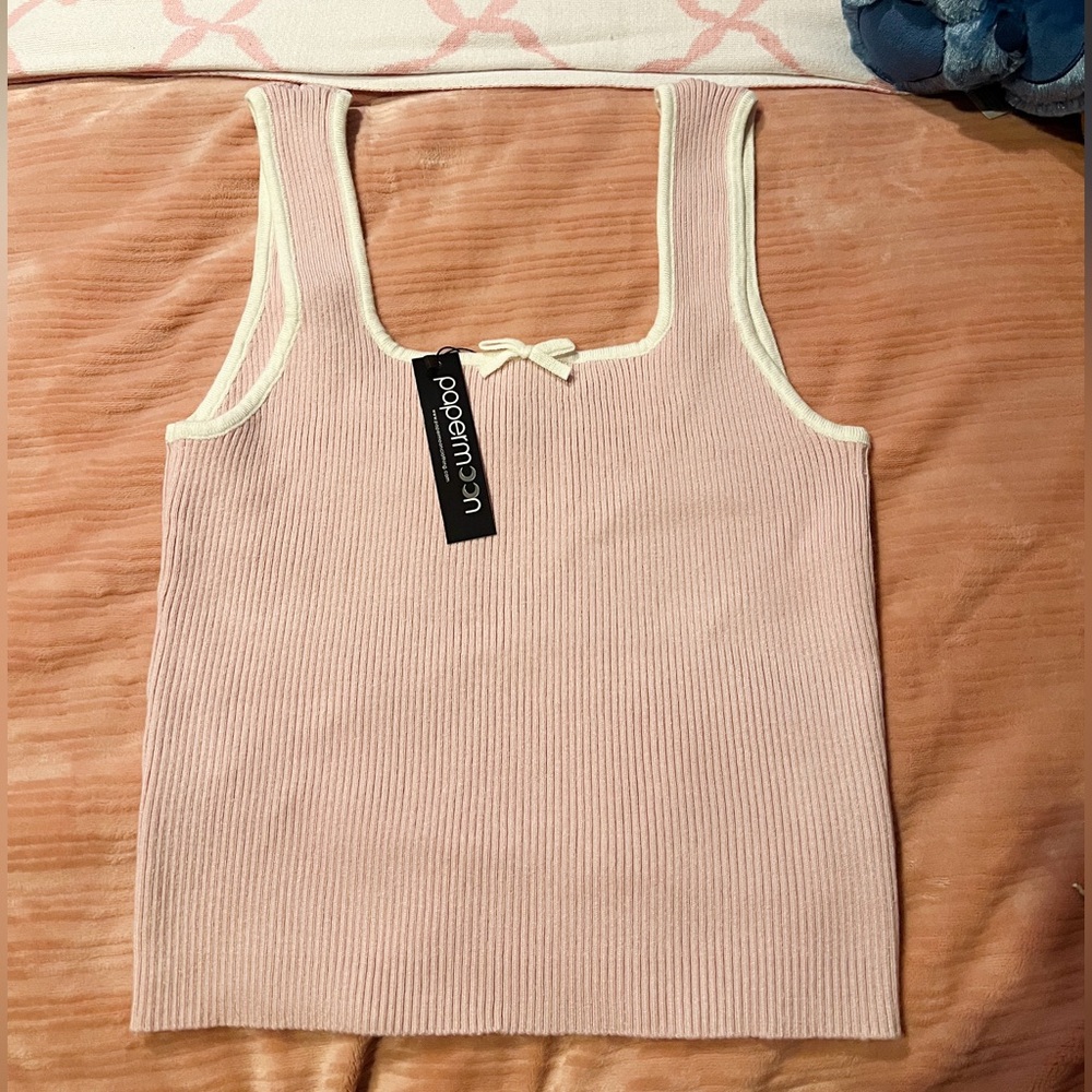 Bow Pink and White Outline Knit Tank Top
